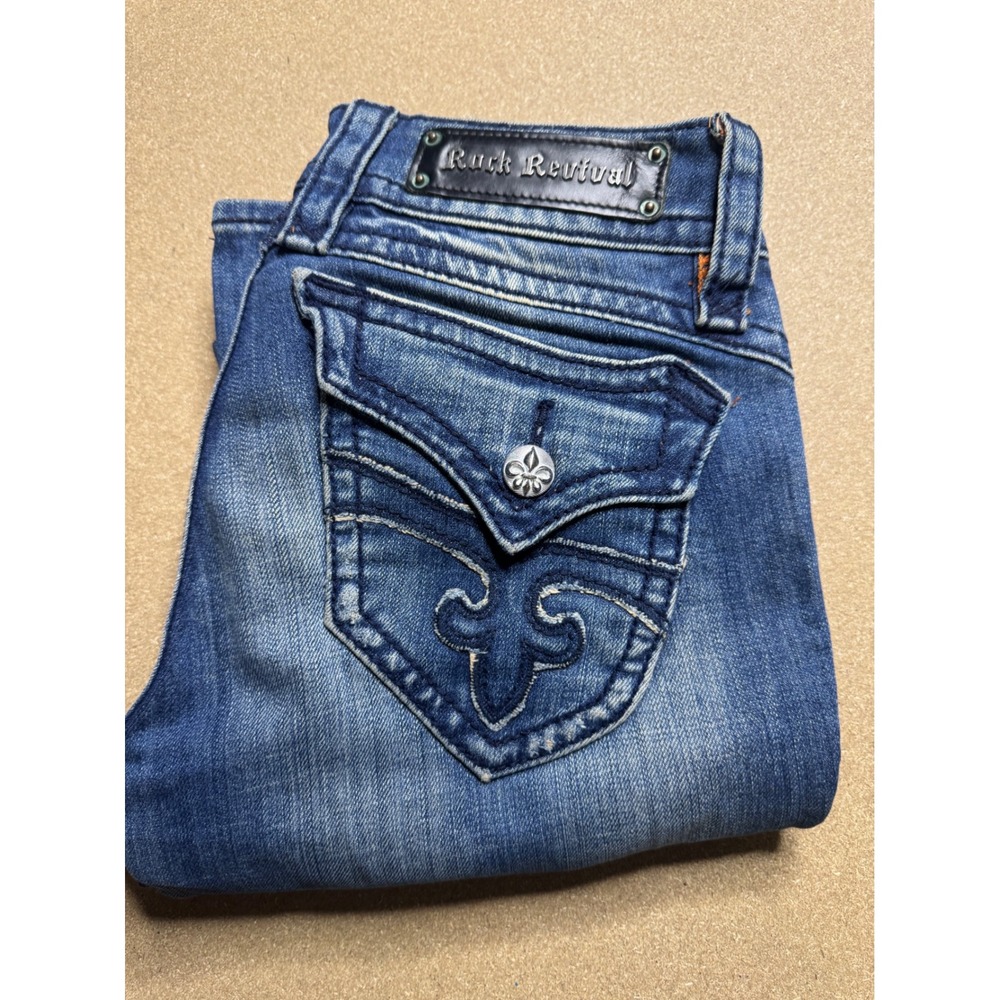 Rock Revival Bootcut Jeans Distressed‎ Embellished Pockets Denim Size 27